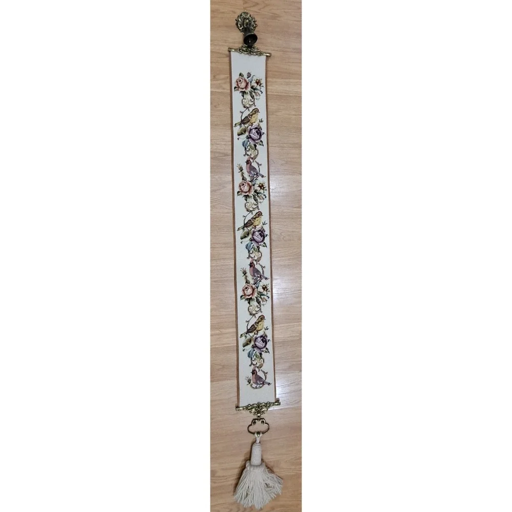 VTG Large Needlepoint Audubon Birds/Floral Tapestry Bell Pull Brass Hanger